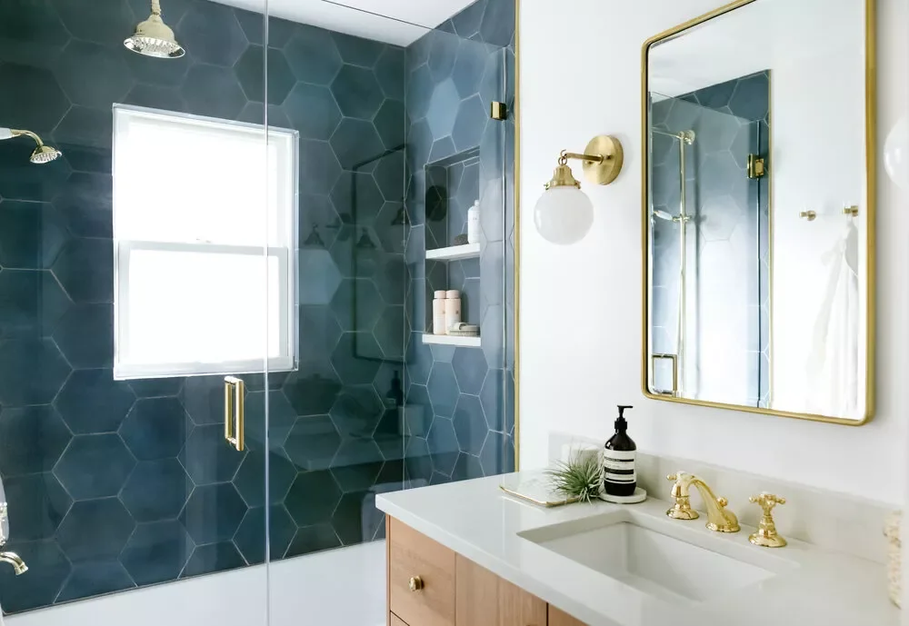 Blue Hex Tile Shower
