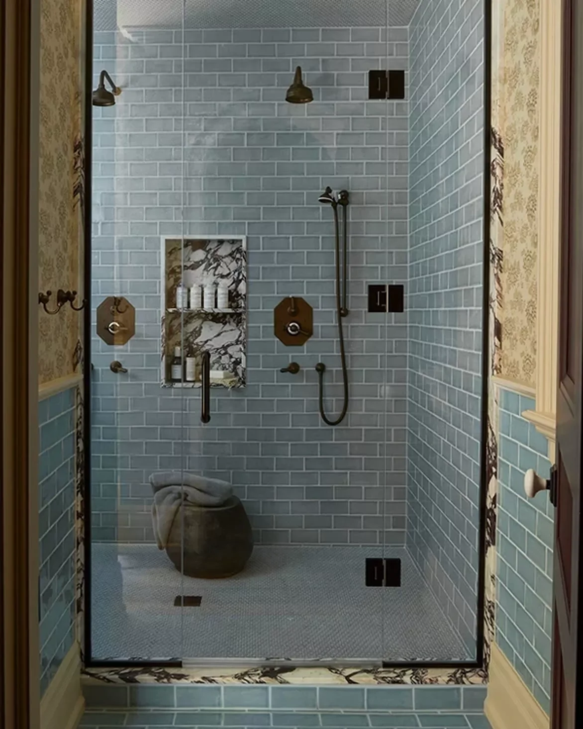 Blue Tiled Corner Shower
