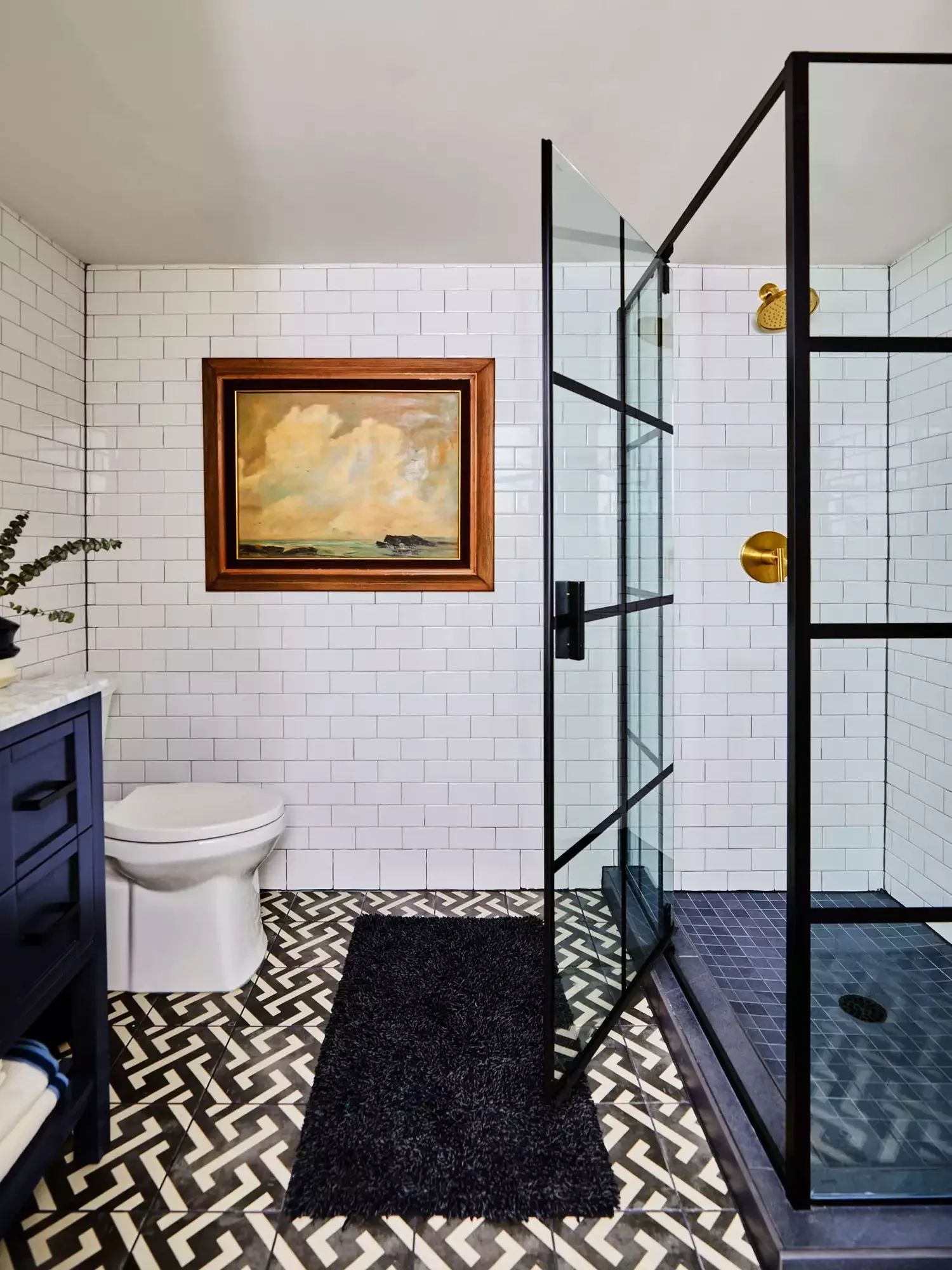Corner Shower With Blue Floor