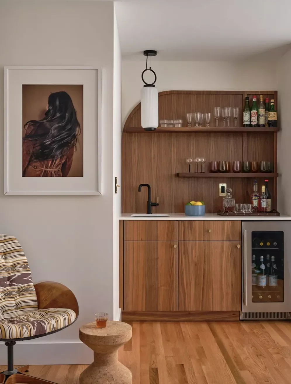 Cozy Wood Bar and Patterned Chair