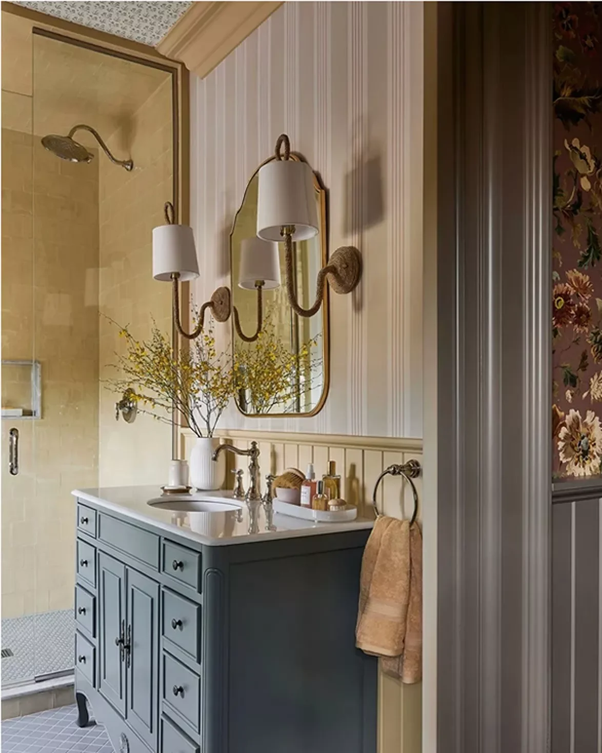 Yellow Tiled Corner Shower